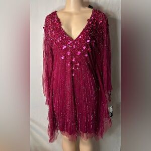 Adrianna Papell Women’s Beaded Short Kaftan Red Plum Formal Dress Size S
